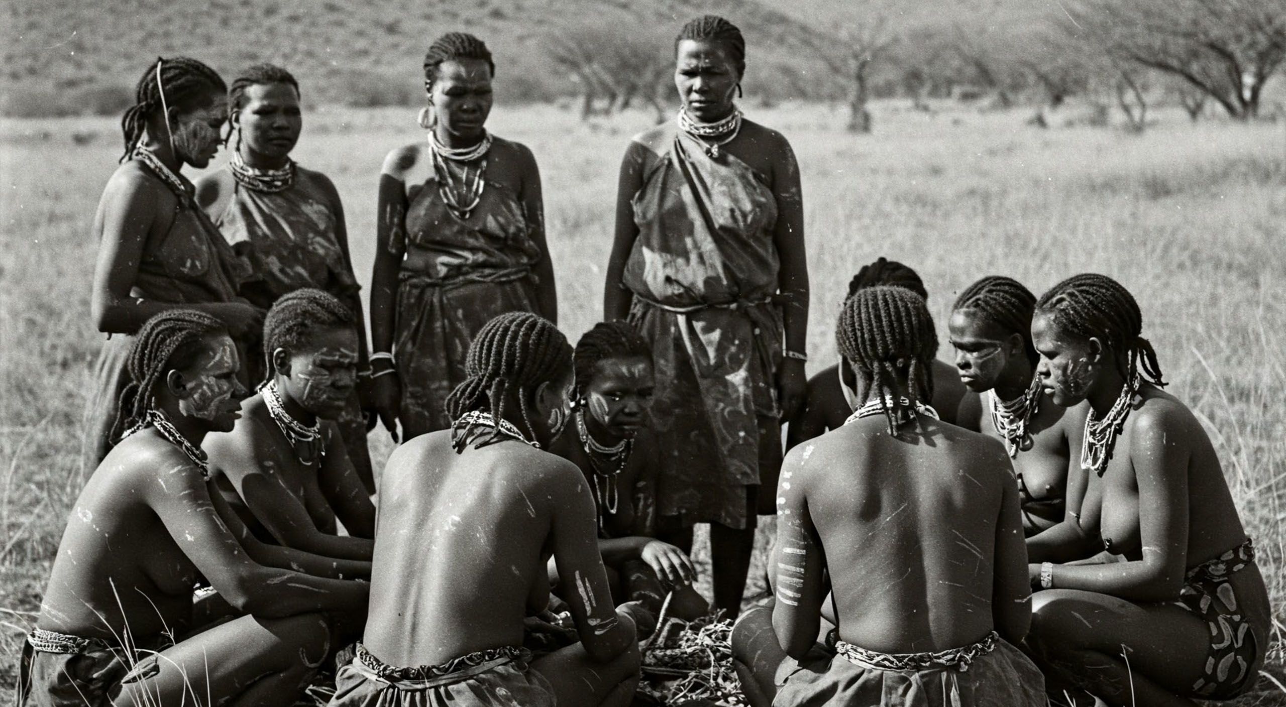 Un grupo de mujeres khoisan adultas reunidas en un campo con árboles al fondo, listas para un ritual.