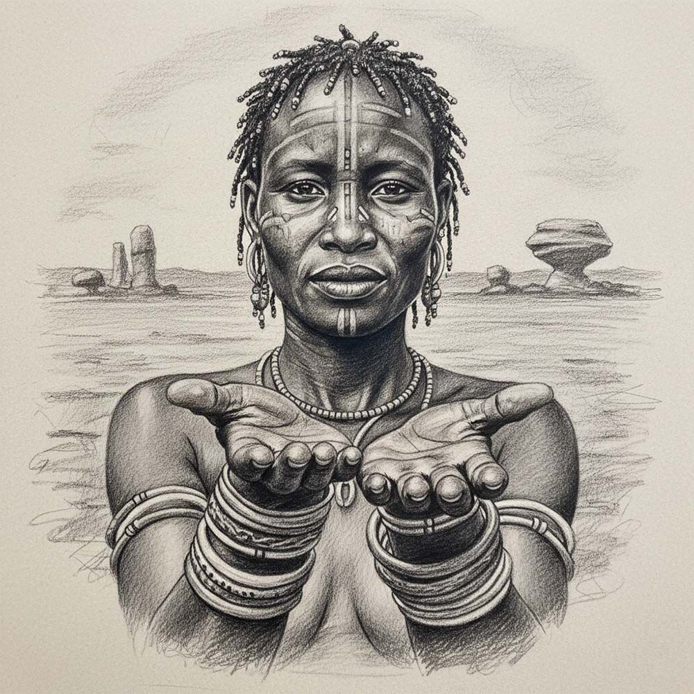 Illustration en graphite noir et blanc d'une femme khoïsan montrant ses mains, symbolisant la pratique traditionnelle de l'étirement des lèvres comme enseignement personnel et culturel.