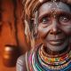 Tribal african woman sitting by fire in hut with amazed expression