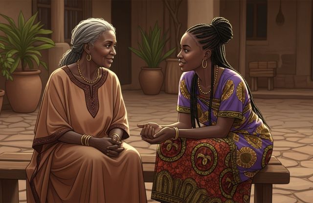 Ältere und jüngere afrikanische Frauen sitzen zusammen und reden, symbolisierend die Weitergabe von Labienverlängerungstraditionen.