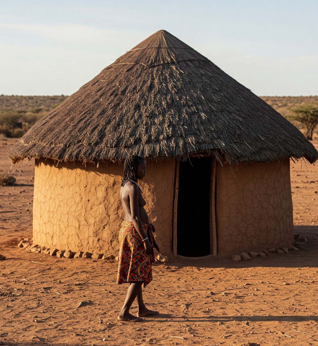 Portret van 'n Hottentot-vrou wat langs haar tradisionele hut in 'n landelike landskap staan, wat die inheemse Afrika-erfenis en leefstyl verteenwoordig.