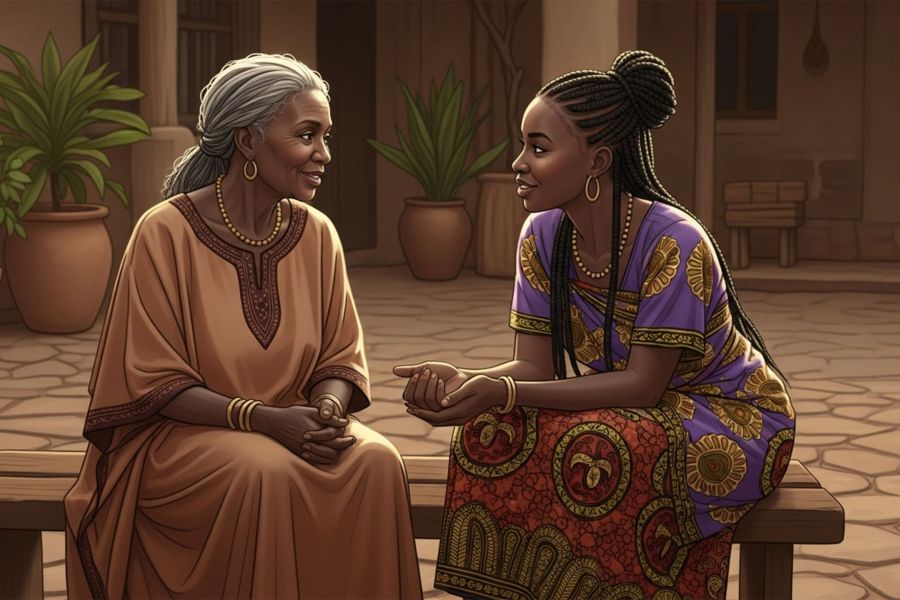 Ältere und jüngere afrikanische Frauen sitzen zusammen und reden, symbolisierend die Weitergabe von Labienverlängerungstraditionen.