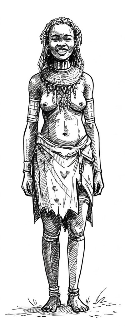 Illustration d’une femme Khoekhoe joyeuse portant des vêtements et accessoires traditionnels