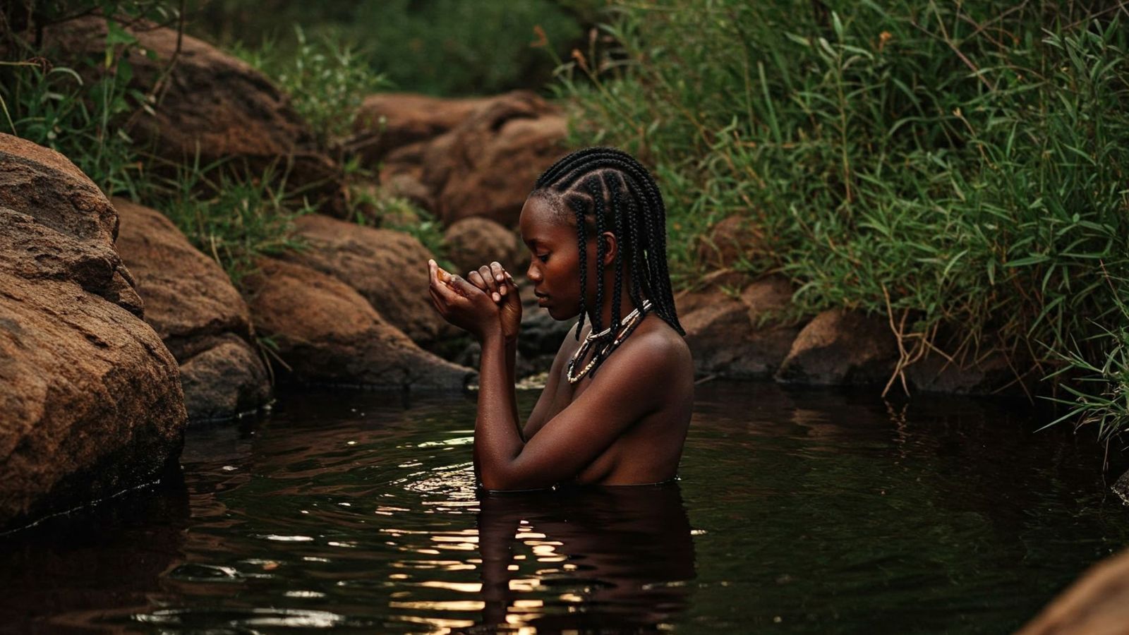 Eine Khoisan-Frau badet anmutig in einem ruhigen Bachpool, ihre verlängerten Schamlippen zeugen von kultureller Tradition, umgeben von der Ruhe der Natur.