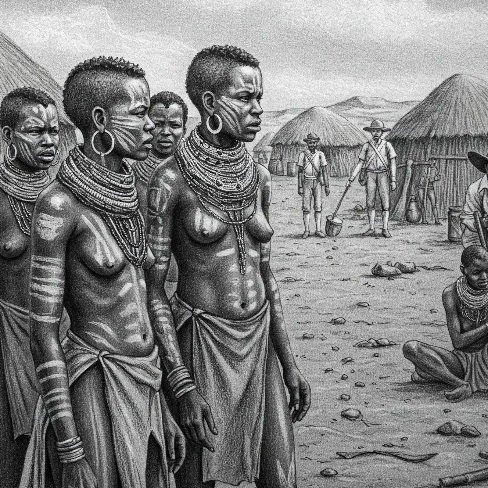 Cuatro mujeres khoisan observan con curiosidad a exploradores europeos entrando por primera vez a su aldea.