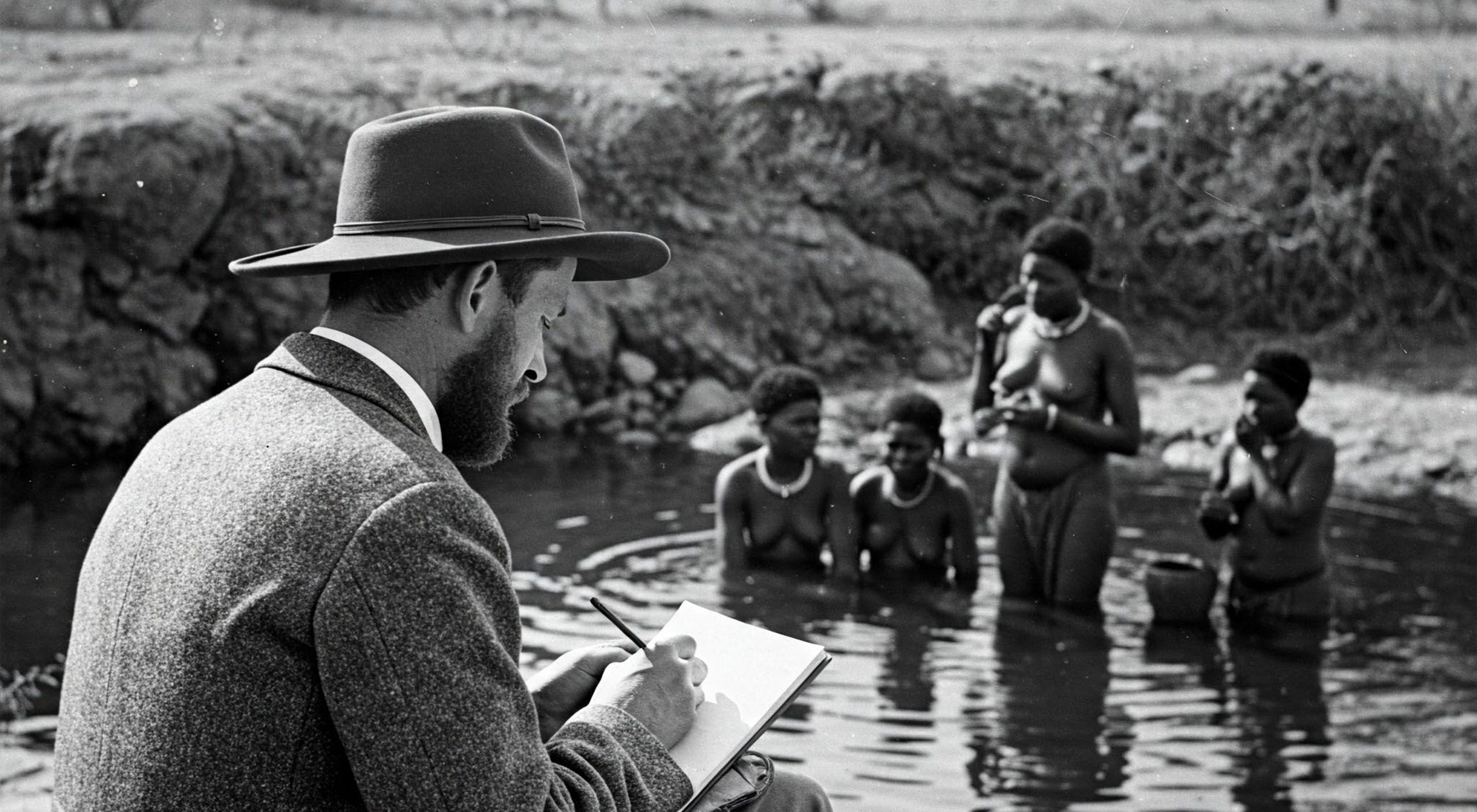 Explorateur européen prenant des notes en regardant des femmes khoisan se baigner dans un bassin naturel