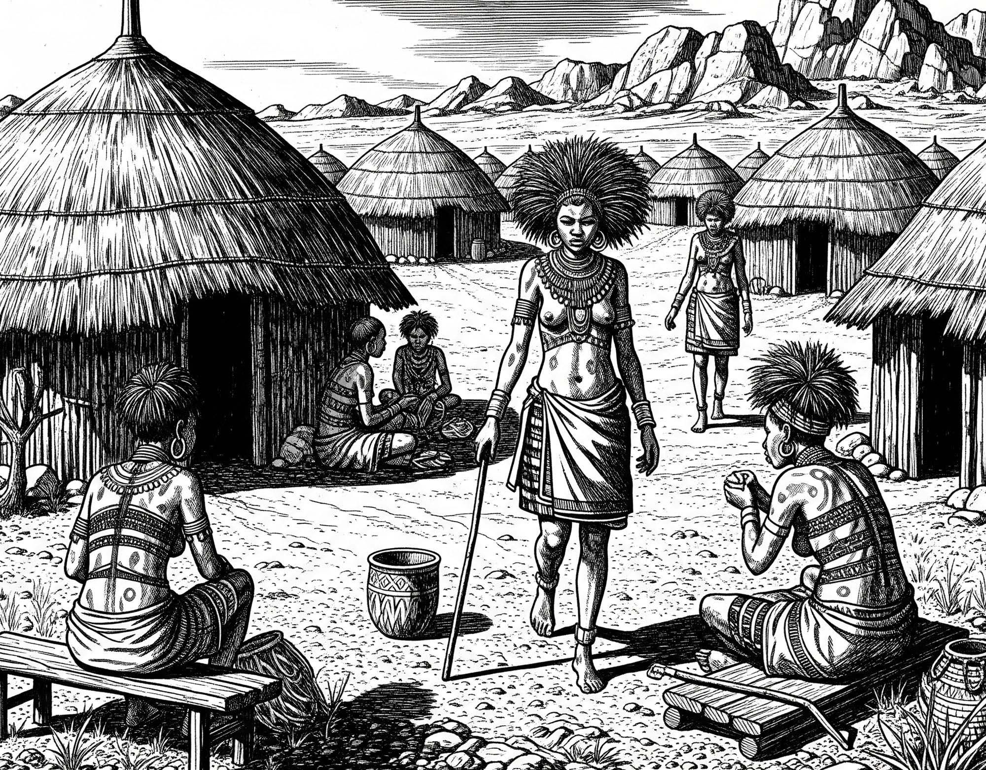 Swart-en-wit inktekening van 'n tradisionele Khoisan-dorpie waar vroue labia-strek beoefen het, met vroue wat loop, naby hutte sit en in liggaamsverf getooi is.