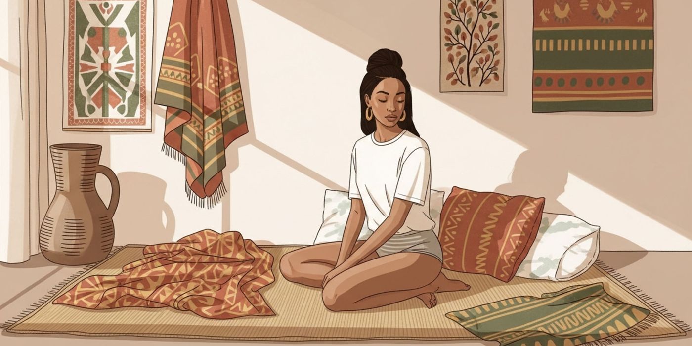 Mujer relajándose en un dormitorio calmado con textiles inspirados en África, preparándose para un ritual meditativo de elongación de labios