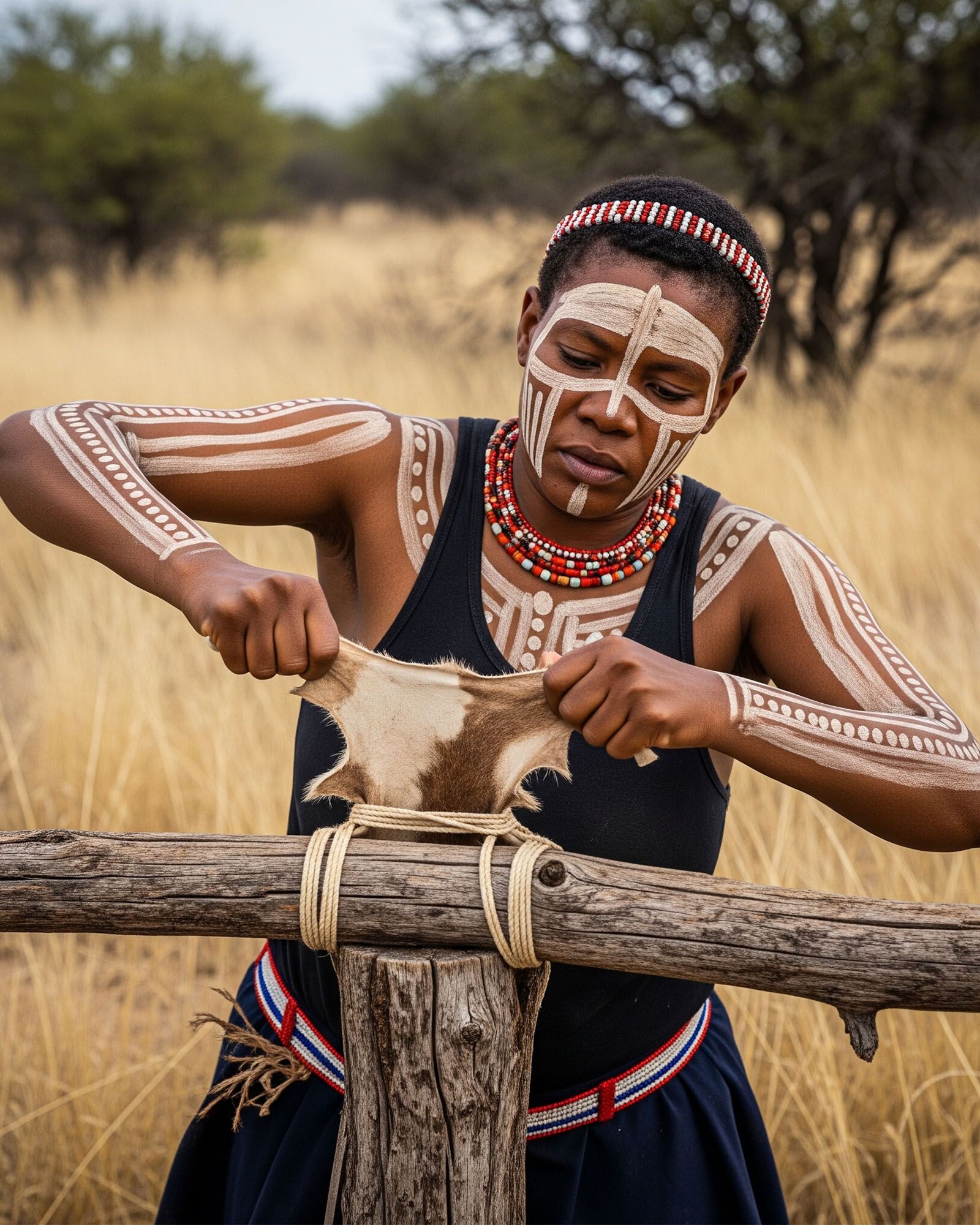 Khoisan woman demonstrating traditional manual labia stretching using a leather strip tied to a log, showing the hand-pulling technique used to elongate the labia.