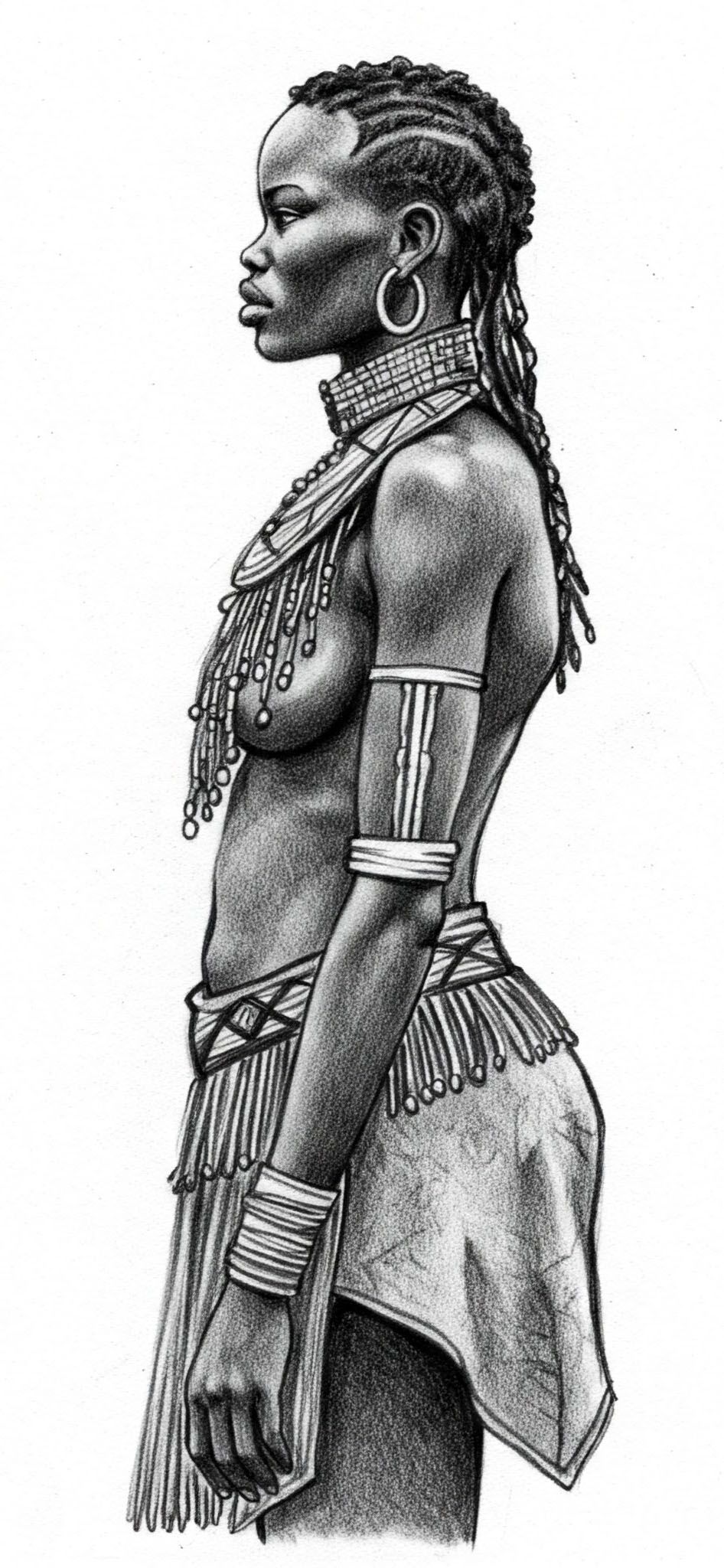 ’n Fyn skets van ’n Khoikhoi-vrou in tradisionele klere, wat vorentoe kyk met ’n kalm en saamgestelde uitdrukking.