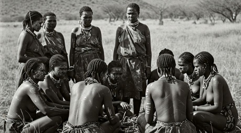 Un groupe de femmes khoïsan adultes debout ensemble dans un champ herbeux avec des arbres en arrière-plan, prêtes pour un rituel.