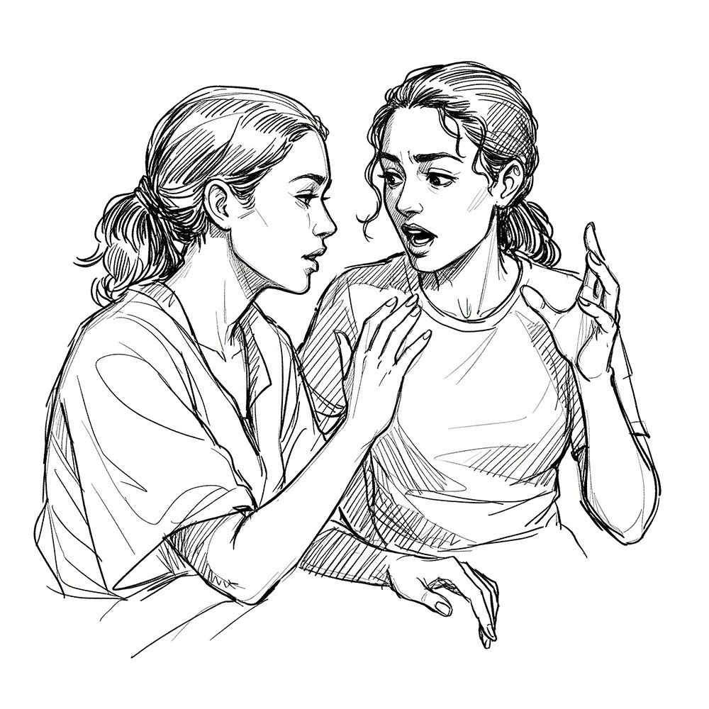 Drawing of two women having a conversation about labia stretching.