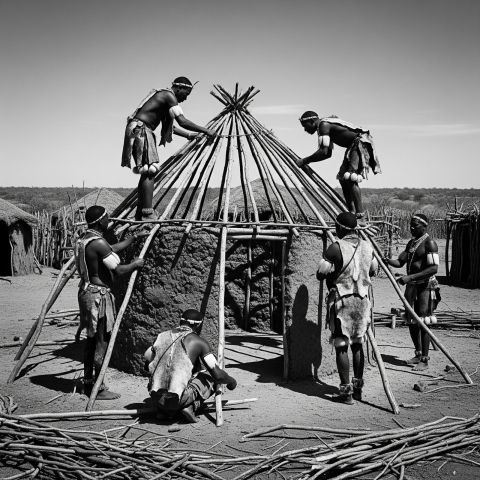 A group of Khoisan men collaboratively building a traditional hut in their village, with some working on the roof and others focusing on various parts of the structure.