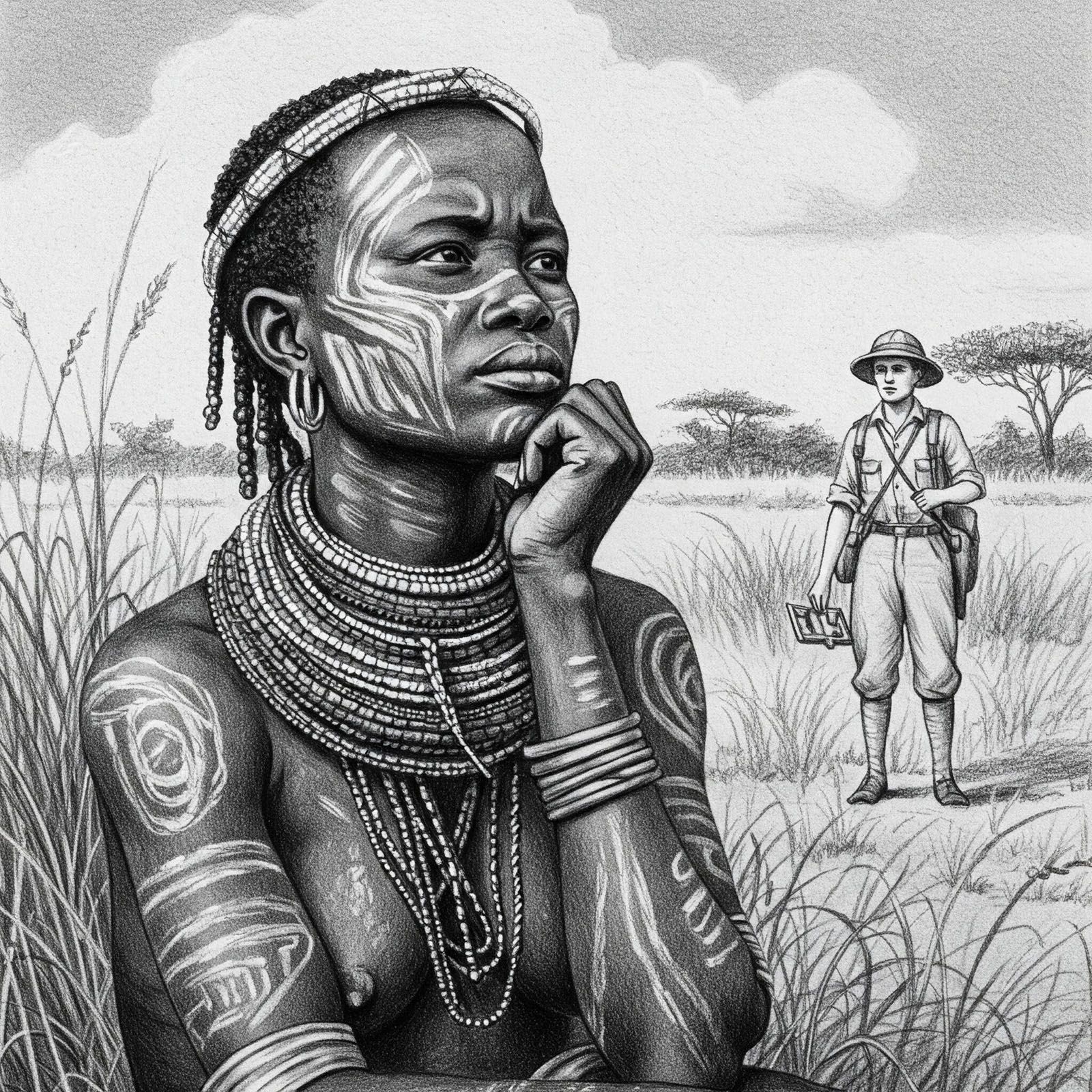 Ilustración de una mujer khoisan tradicional sentada en un campo de hierba con pintura corporal, mientras un explorador europeo del siglo XVIII la observa desde el fondo.