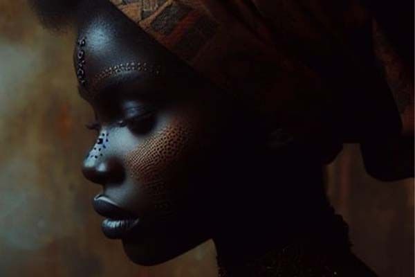 african woman eyes closed with scarification on face
