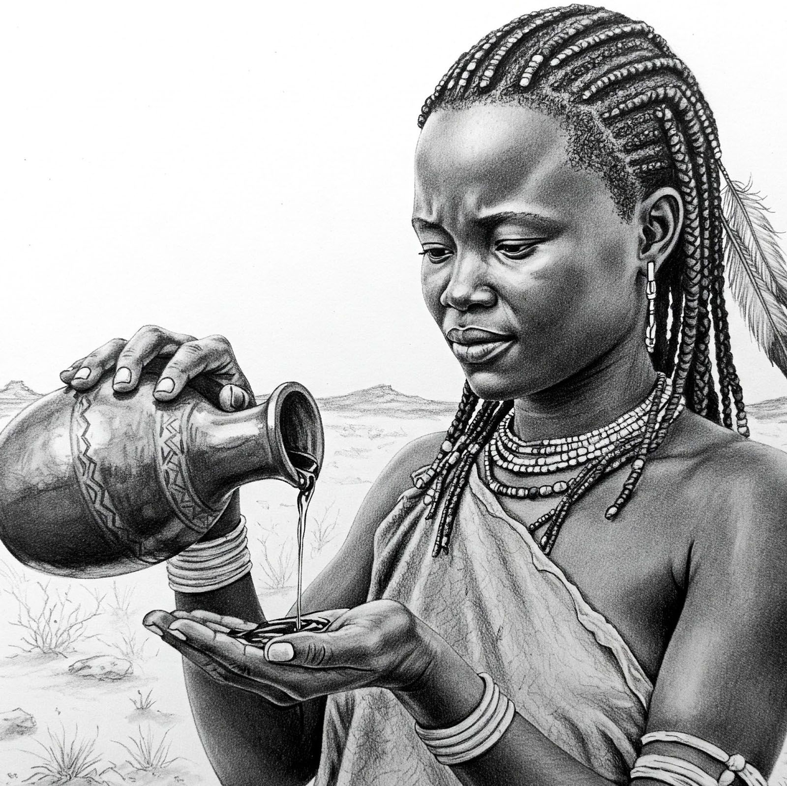 A drawing of a Khoisan woman pouring liquid into her hand, likely for hygiene purposes, as part of her labia stretching ritual to maintain cleanliness.