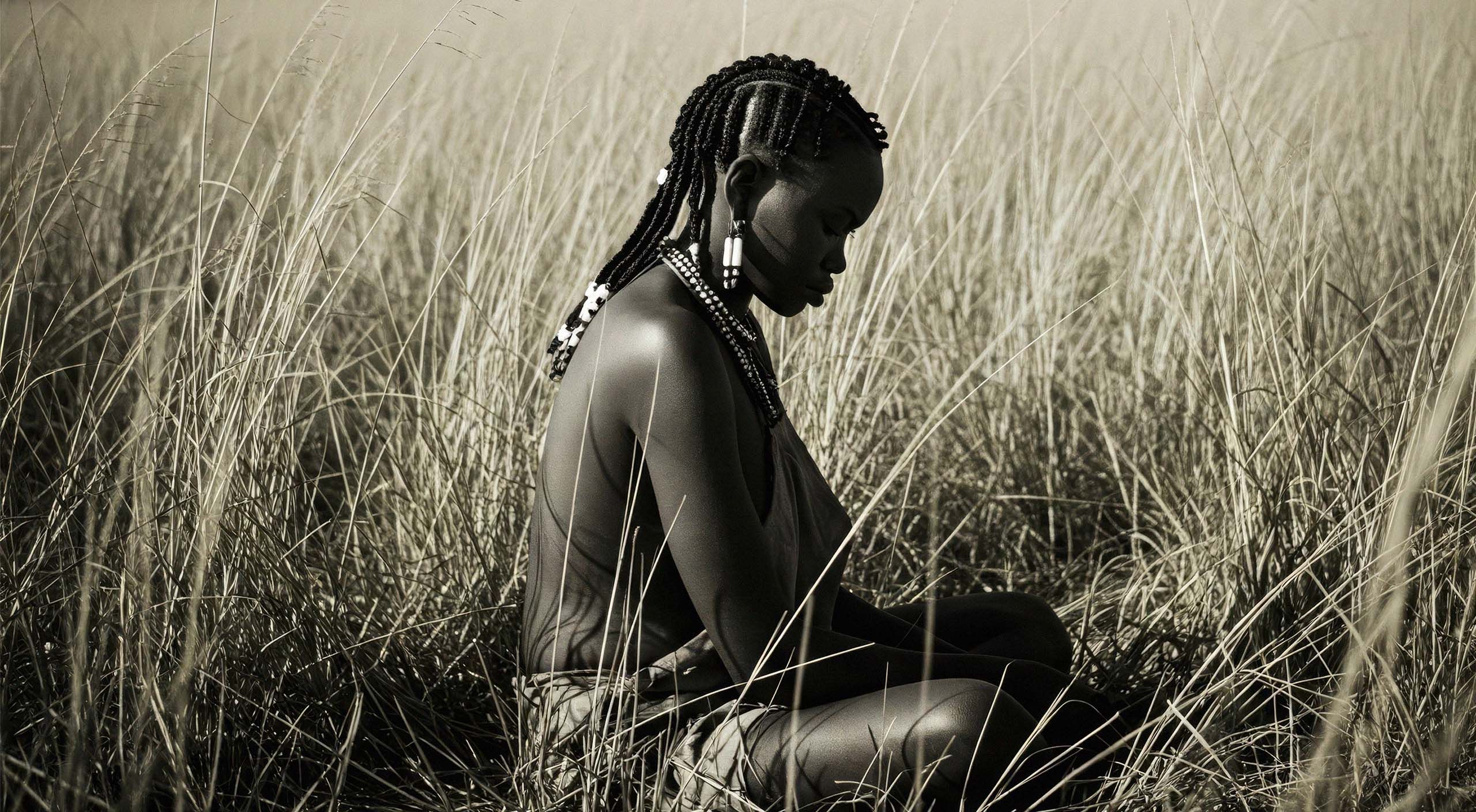 Illustration éducative en noir et blanc d'une femme khoïsan assise seule dans un champ d'herbe, représentant les pratiques traditionnelles d'étirement des lèvres dans des contextes ruraux.