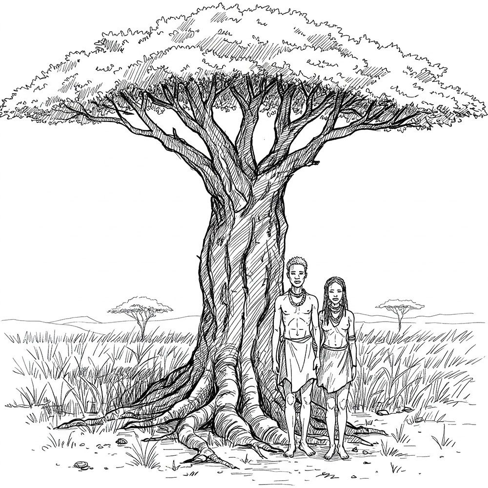 Ilustração de um homem e uma mulher Khoisan de pé sob uma árvore sagrada