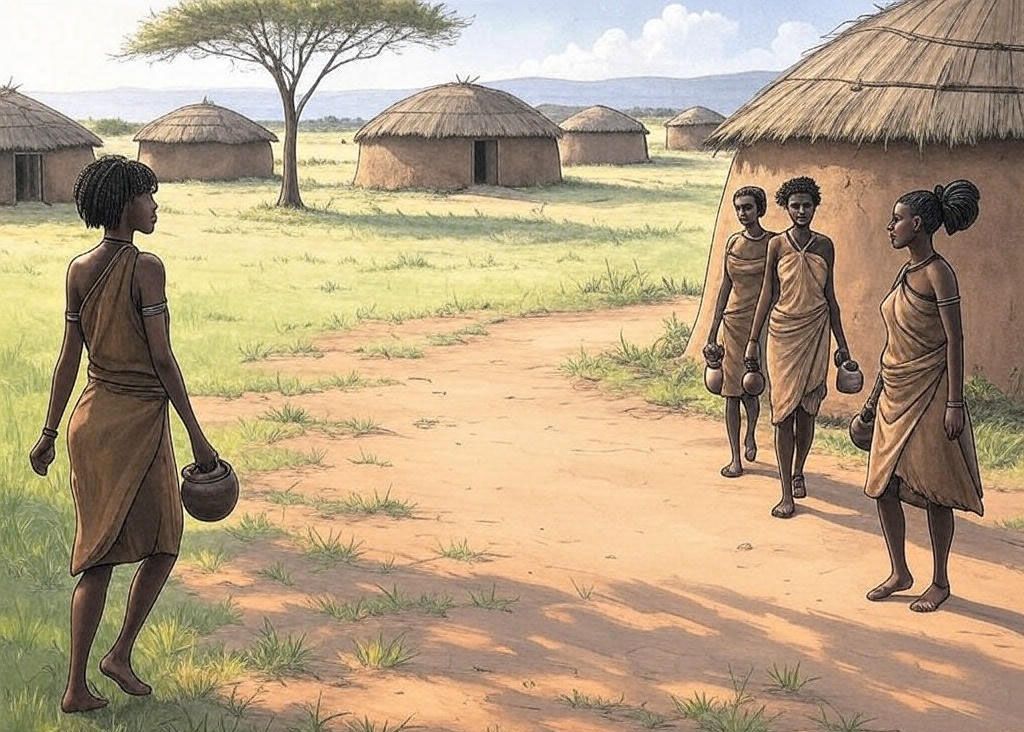 Drawing of a traditional Hottentot village with women carrying pots, huts, grass-covered ground, and a nearby tree, depicting daily life.