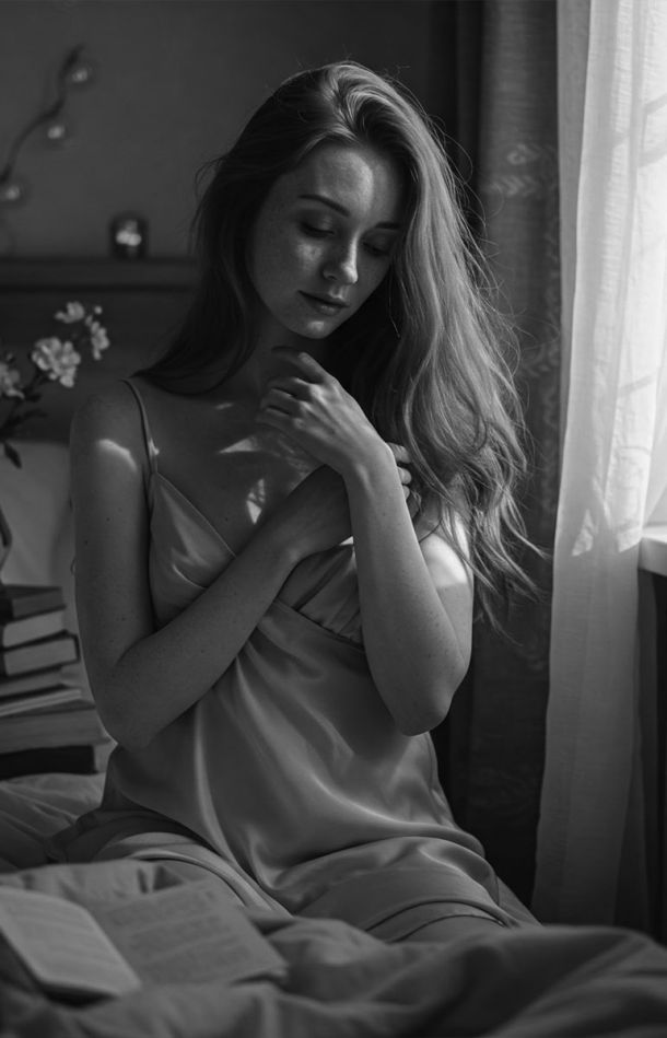 A woman looking serious, contemplating the length of her labia minora.