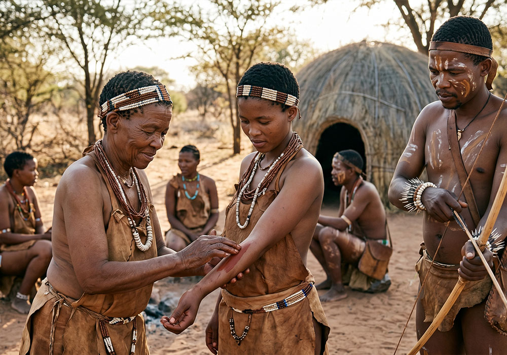 Khoisan woman painting arm.