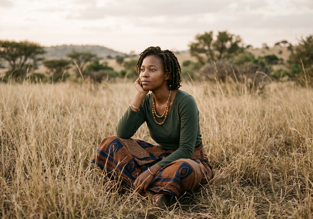 African woman in open grass field.