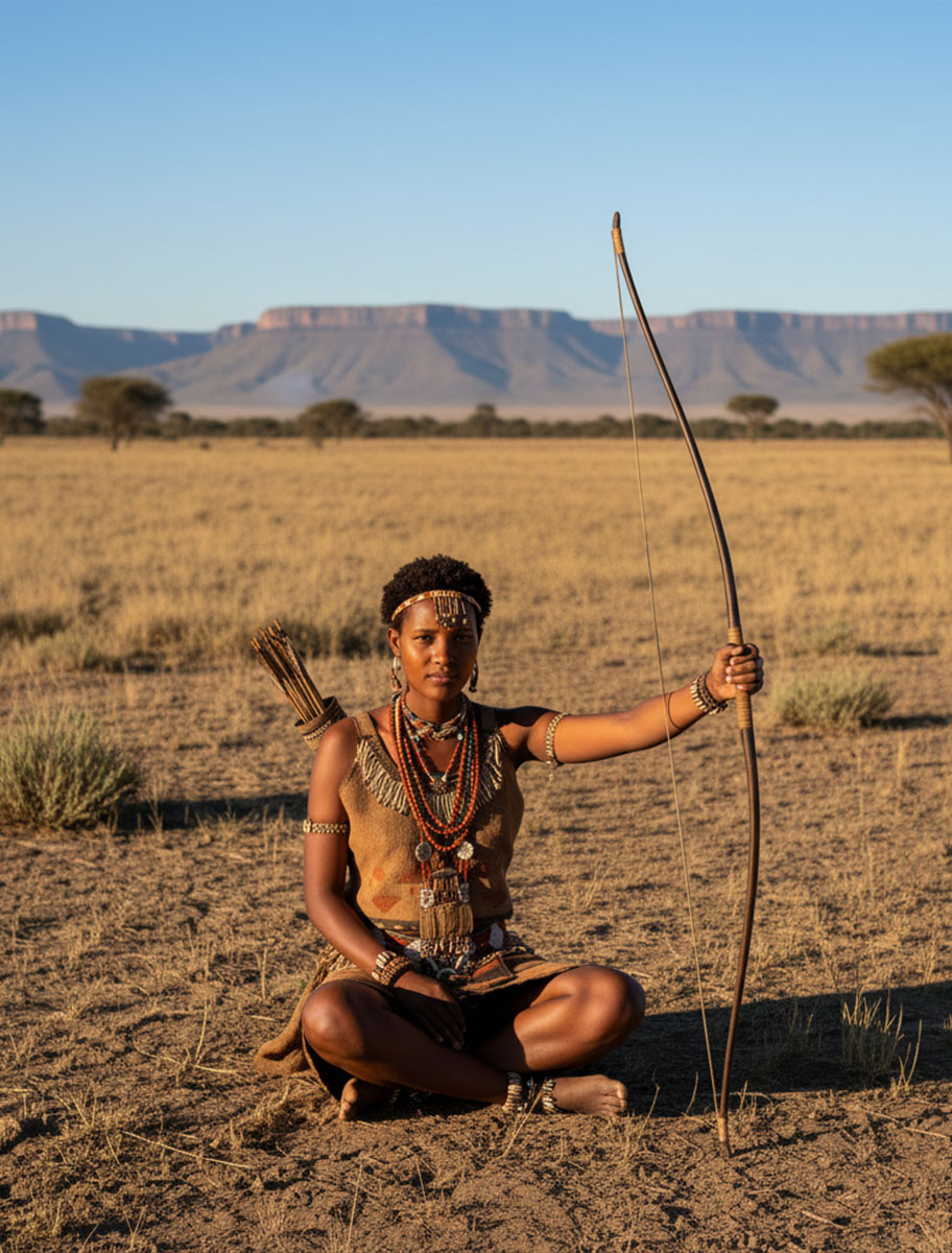A Khoisan woman in her 20s sitting on the ground holding her bow.