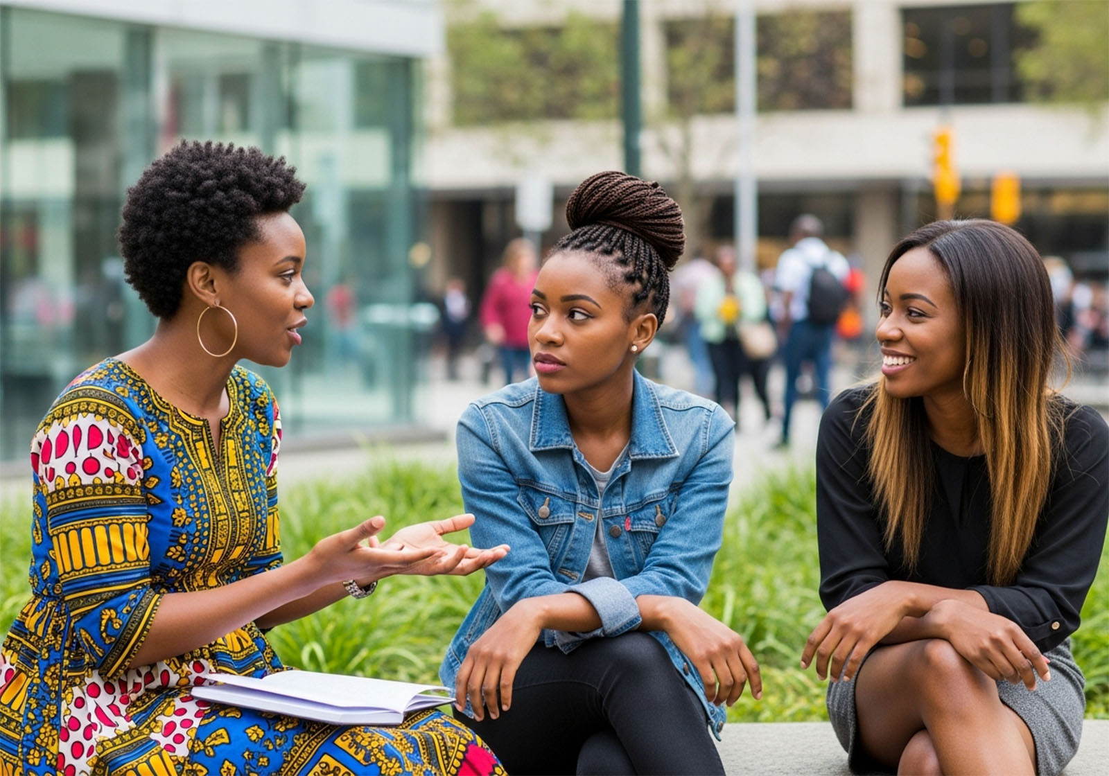 Young African women in an urban setting discussing modern views on tradition