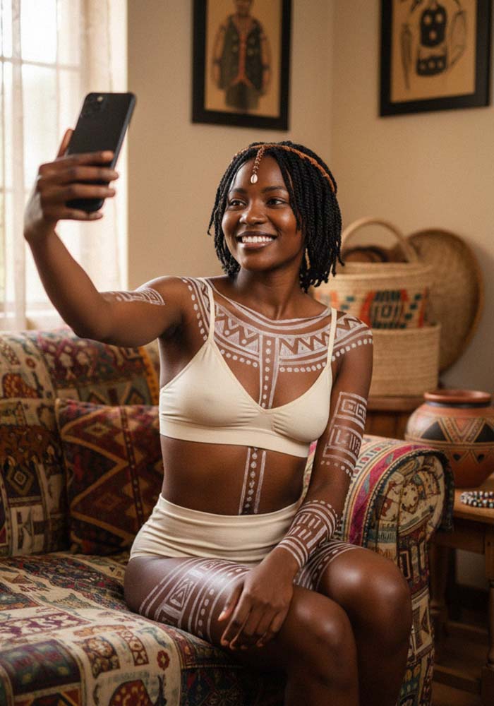 Modern woman wearing khoisan body paint.