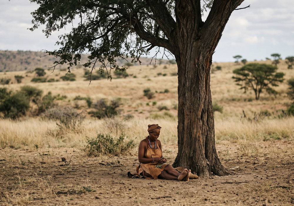 Ethnographic scene showing a woman beside a sacred tree.