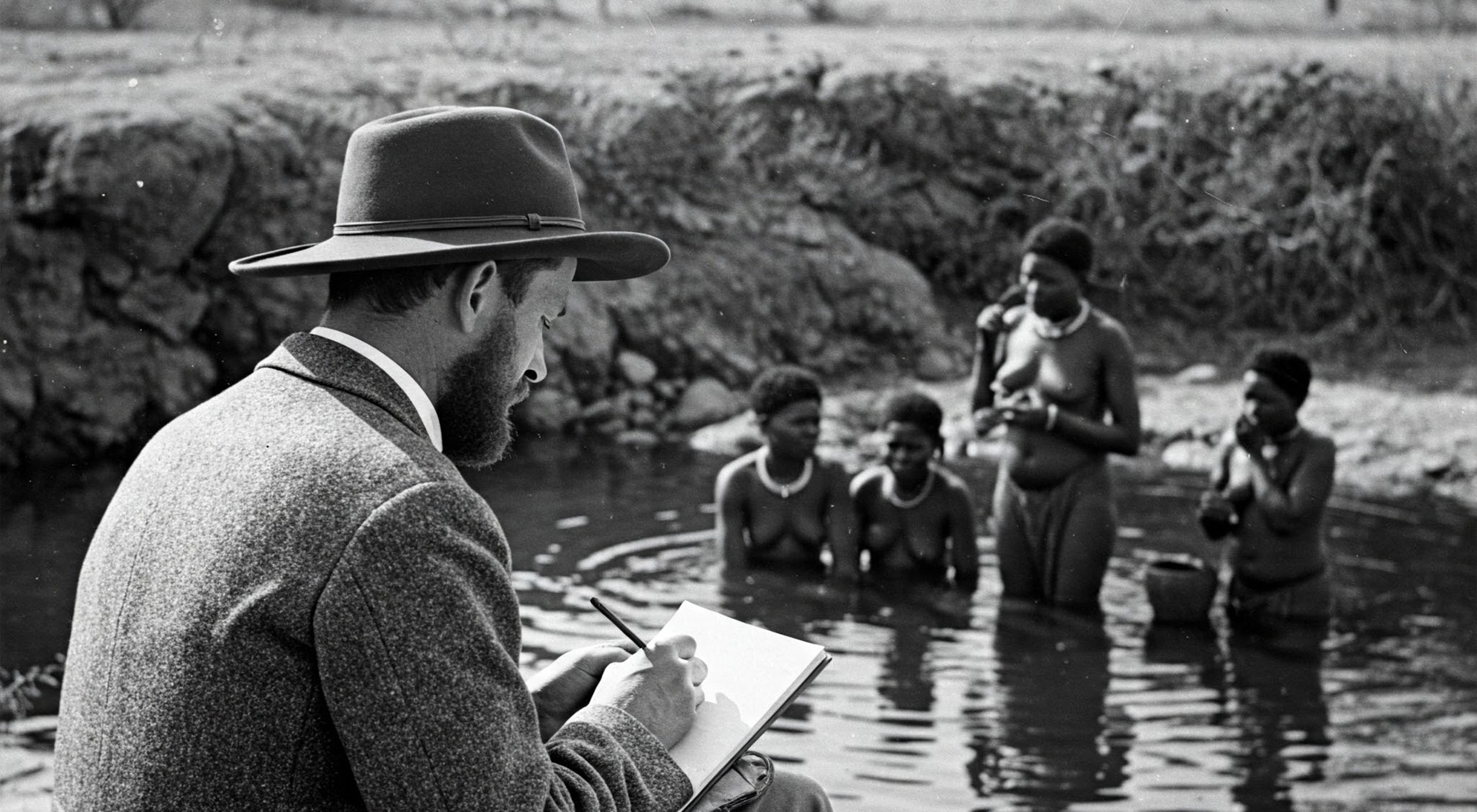 European explorer taking notes while watching Khoisan women bathe in a natural water pool