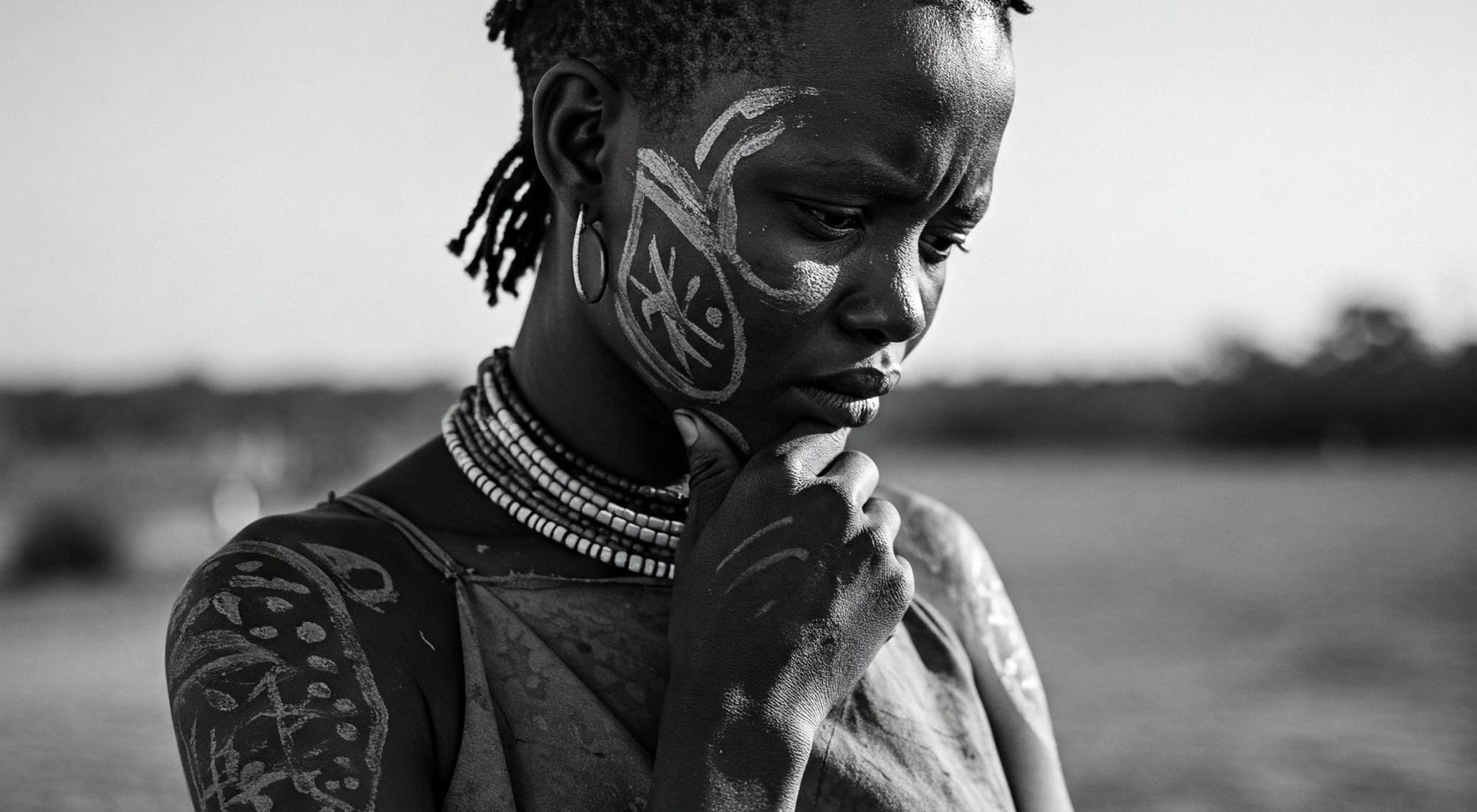 Khoisan woman with hand on chin, adorned in traditional paint, contemplating quietly.