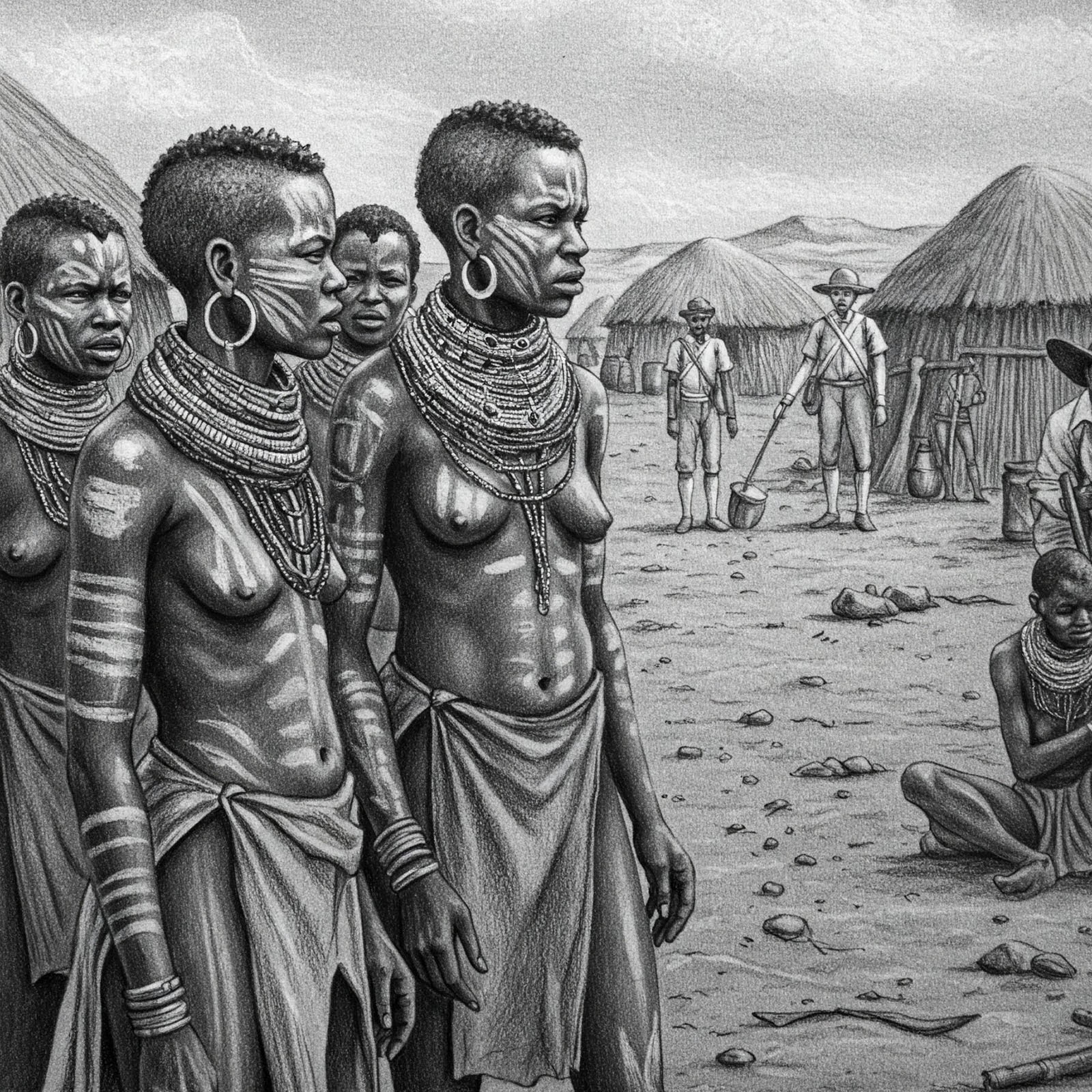 Four Khoisan women gaze curiously at European explorers entering their village for the first time.