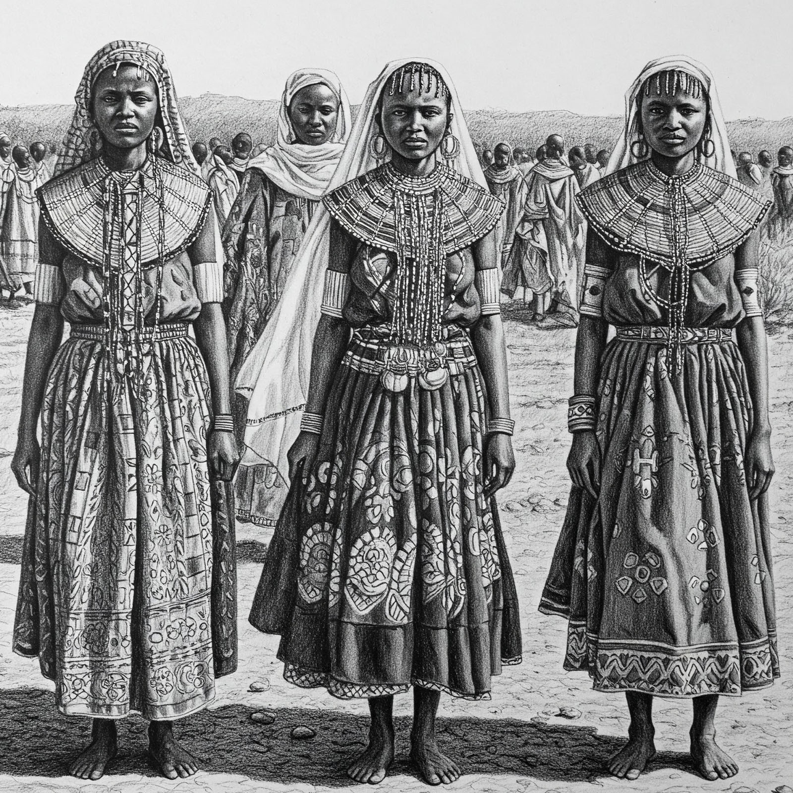 Illustration of African women in conservative clothing imposed by foreign cultural norms, symbolizing lost traditions.