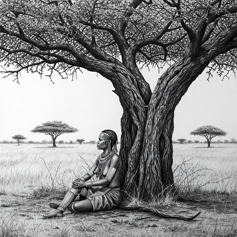 Young Khoisan woman sitting at the base of a sacred tree, hands over one knee, looking ahead.