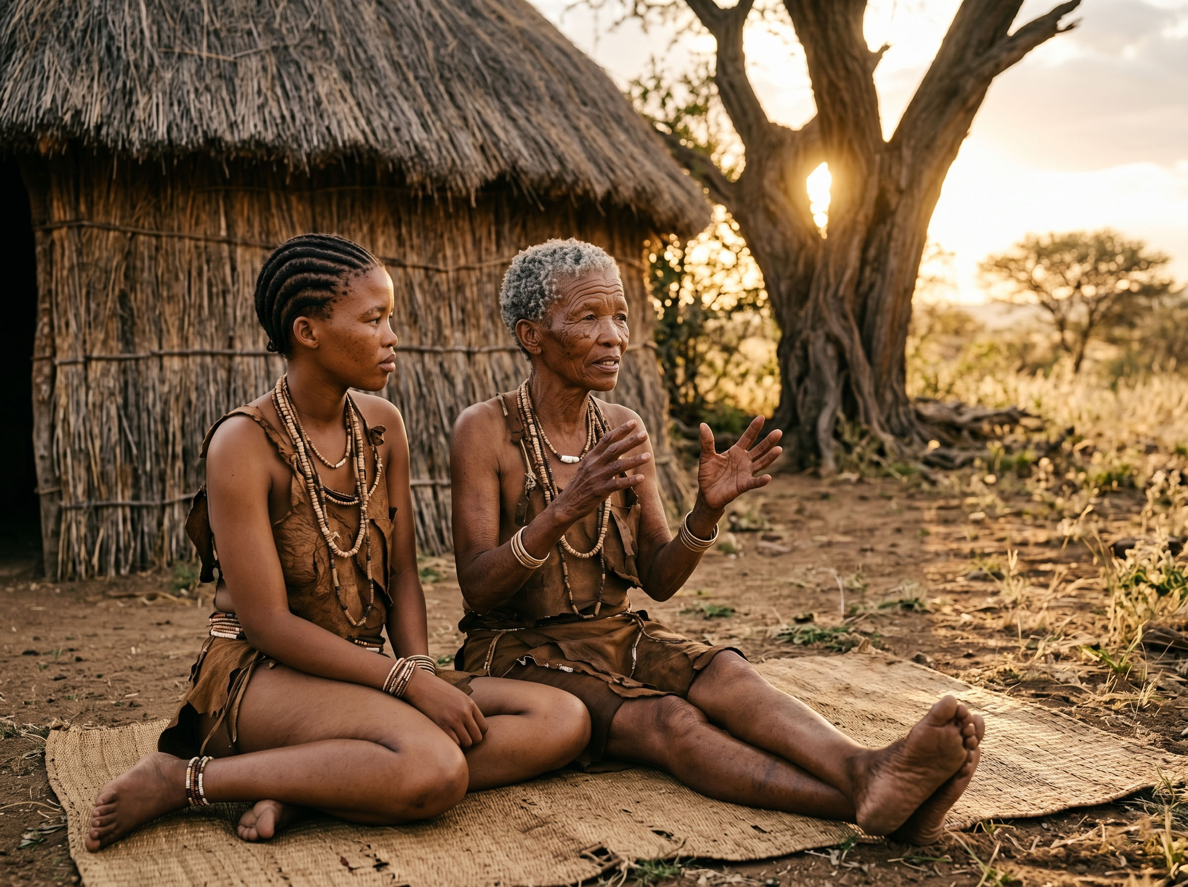 Elder African woman and young girl seated together in a traditional dwelling, representing intergenerational transmission of cultural body traditions