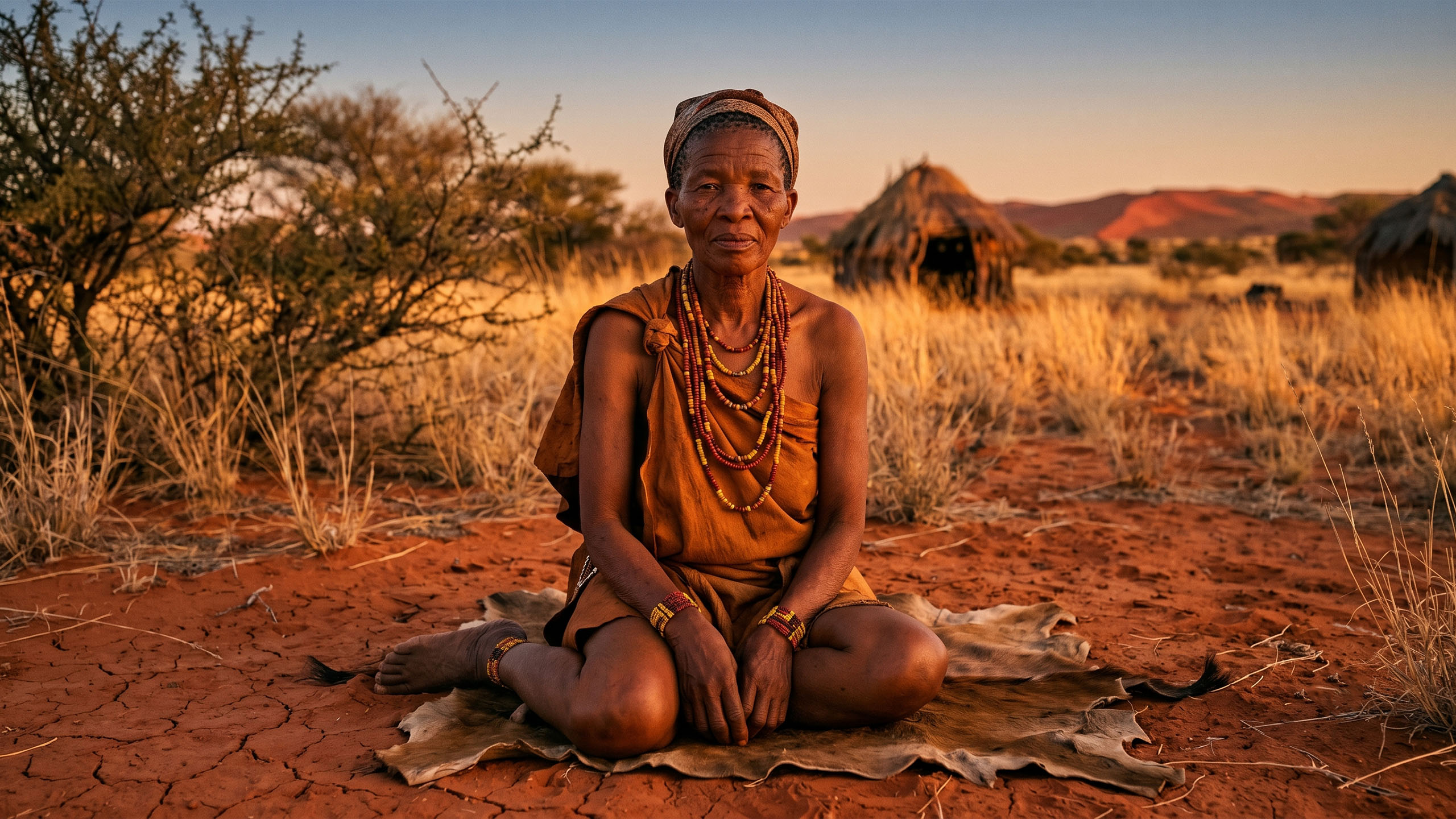 Elderly African woman with traditional beaded jewelry and ochre fabric, photographed in golden-hour light in the savanna — representing generations of cultural knowledge and body tradition