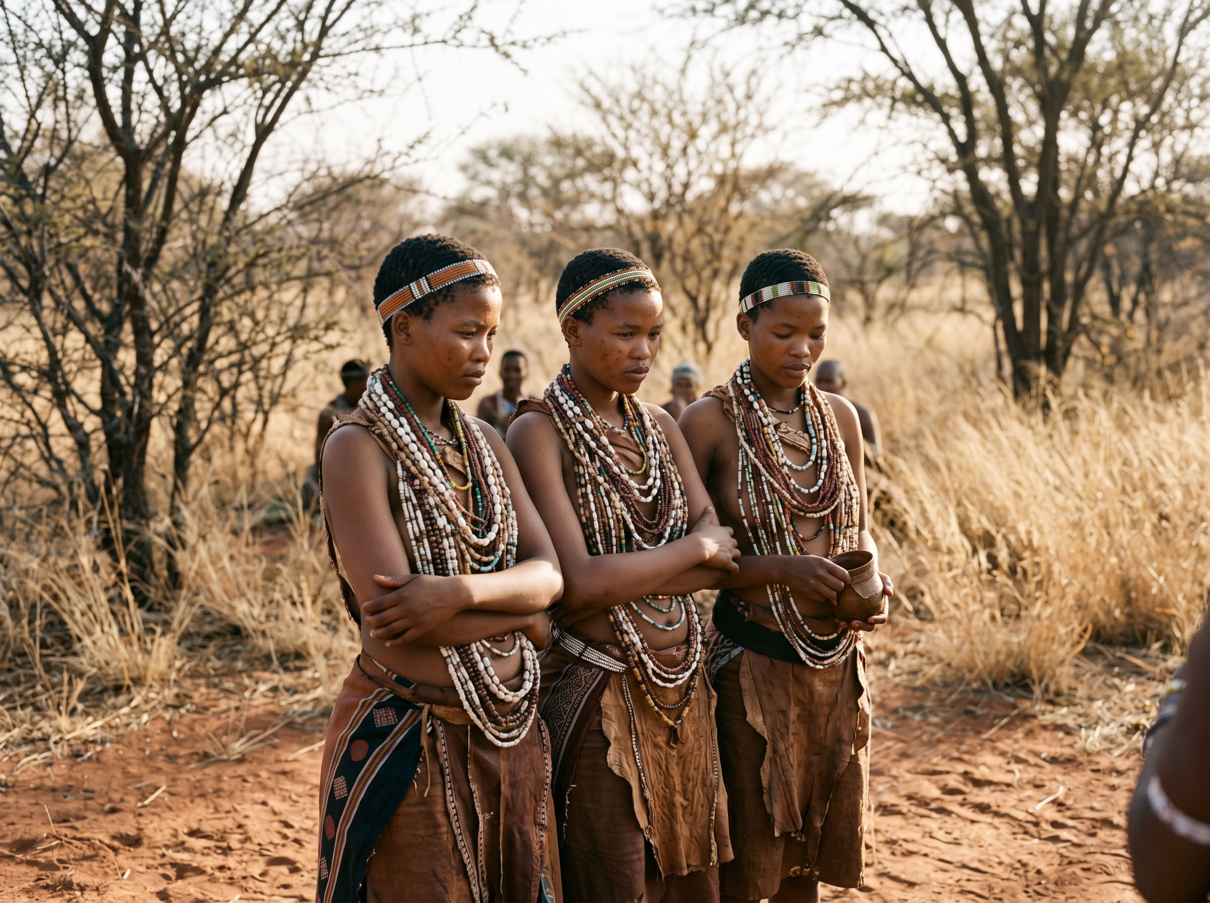 Young African women in traditional initiation dress during a cultural rite of passage ceremony in rural eastern Africa