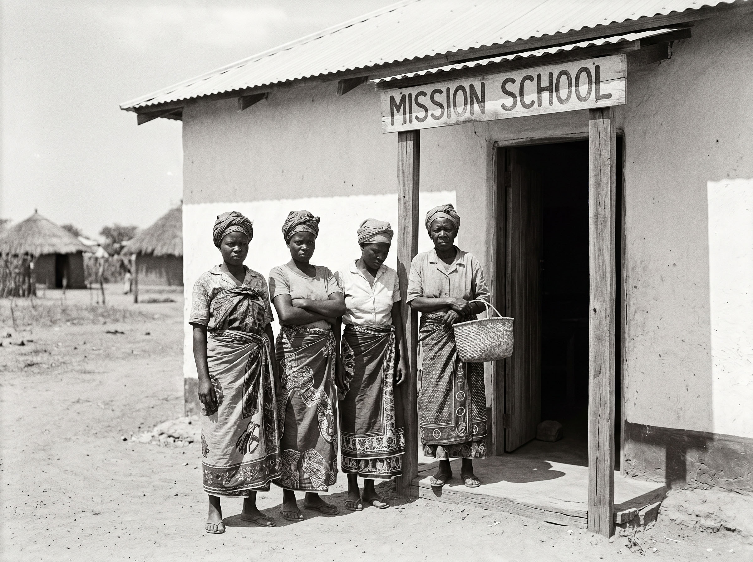 Historical black and white photograph representing the disruption of African women's traditional knowledge during the colonial era through missionary education