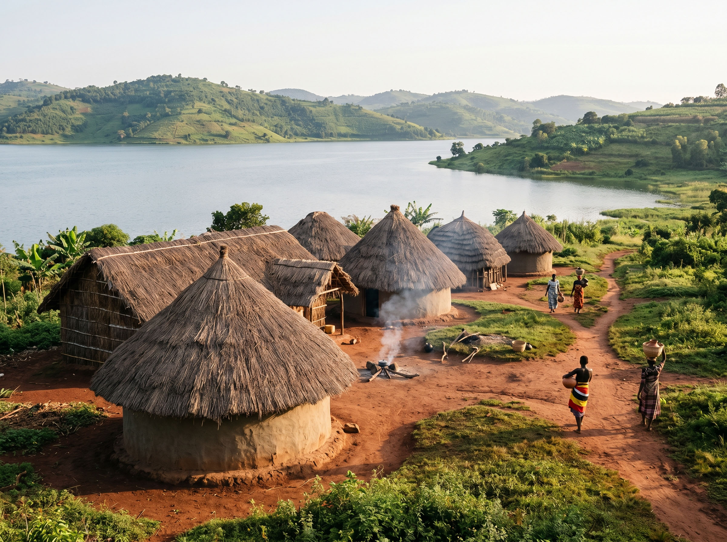 Traditional homestead near Lake Victoria in Uganda, representing the cultural landscape where labia stretching traditions developed