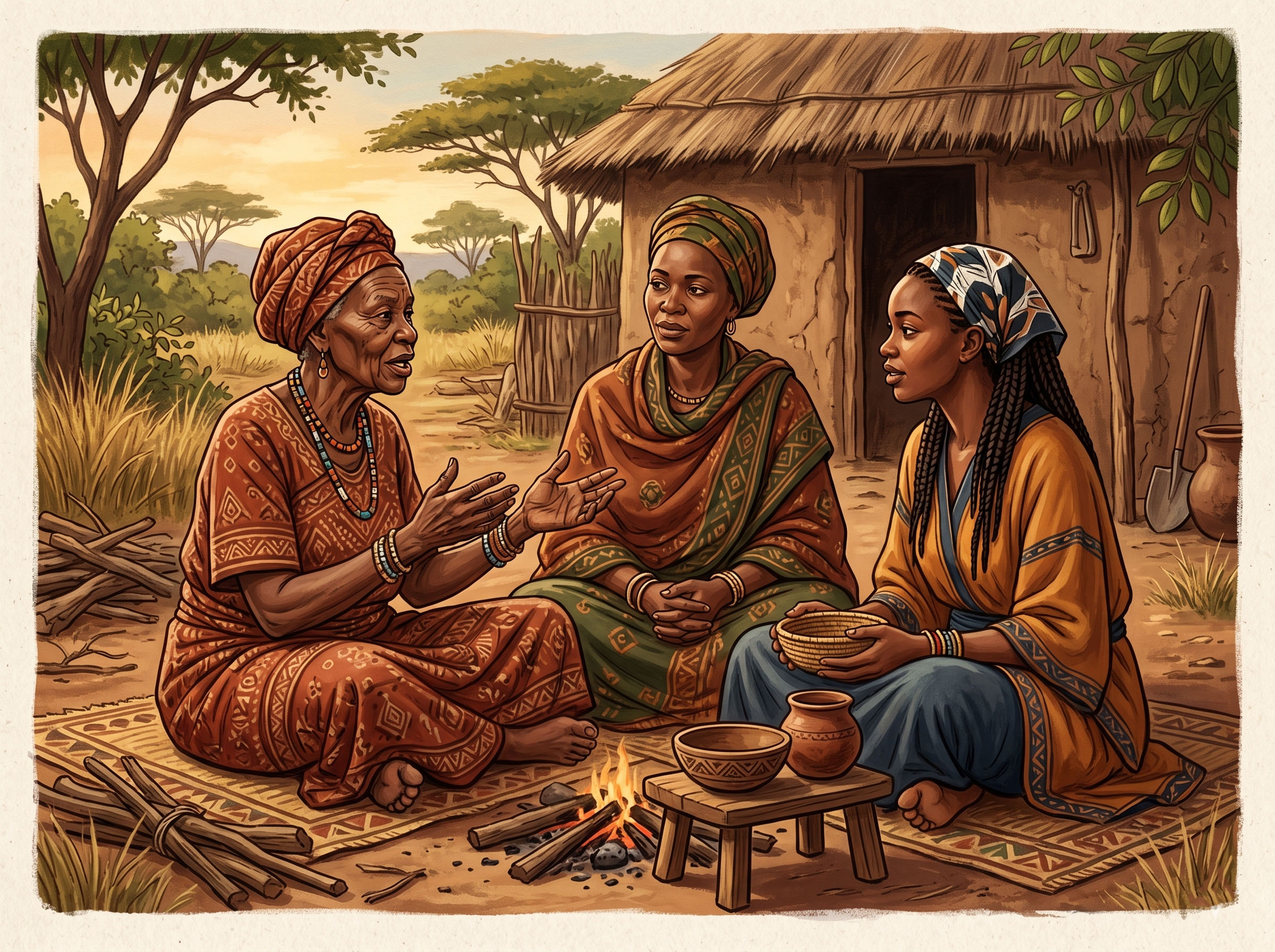 Illustration of intergenerational knowledge transmission between African women — grandmother, mother, and daughter sharing traditional knowledge