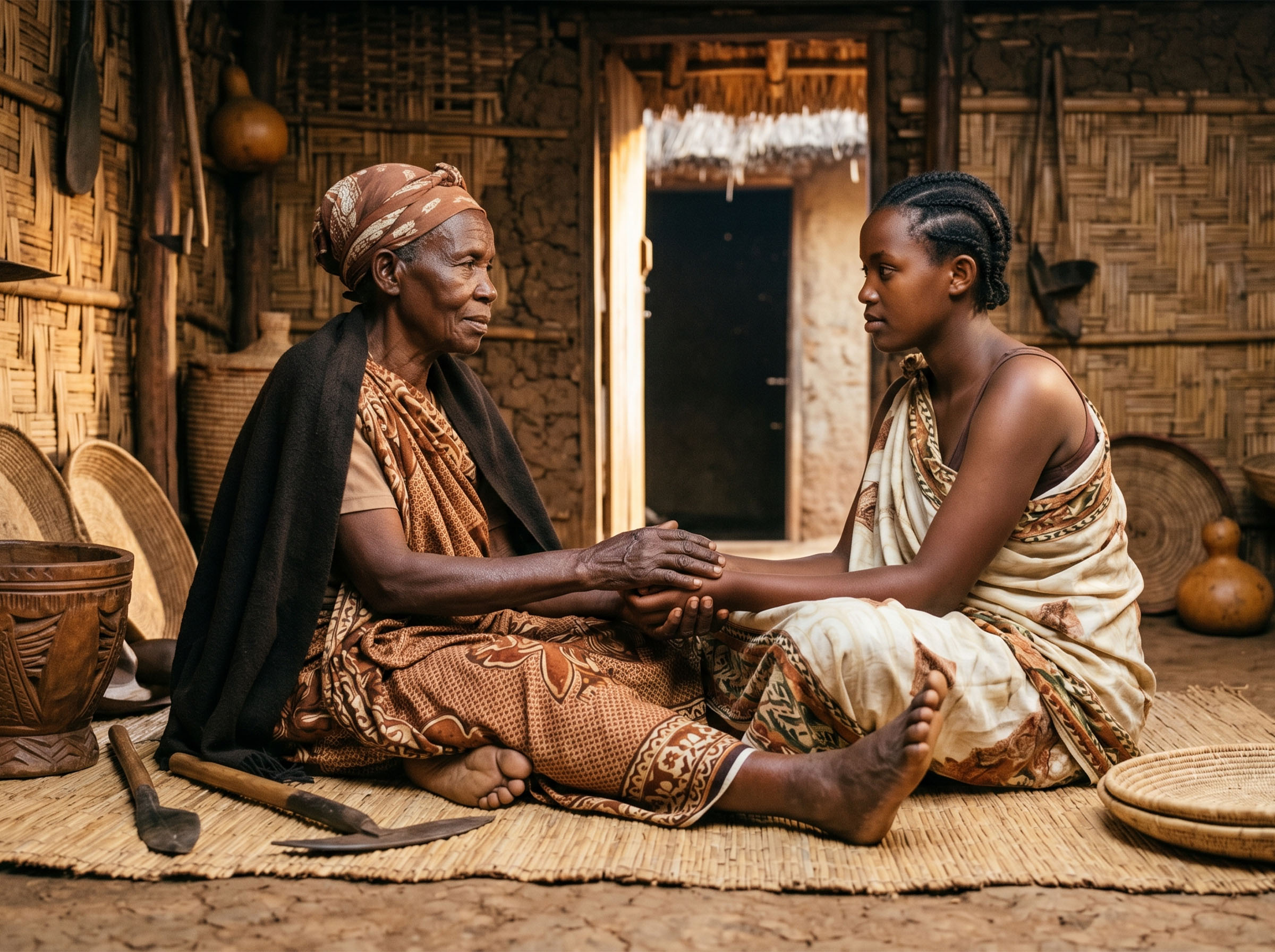 Elder Rwandan woman and young woman in traditional setting, representing intergenerational transmission of cultural knowledge