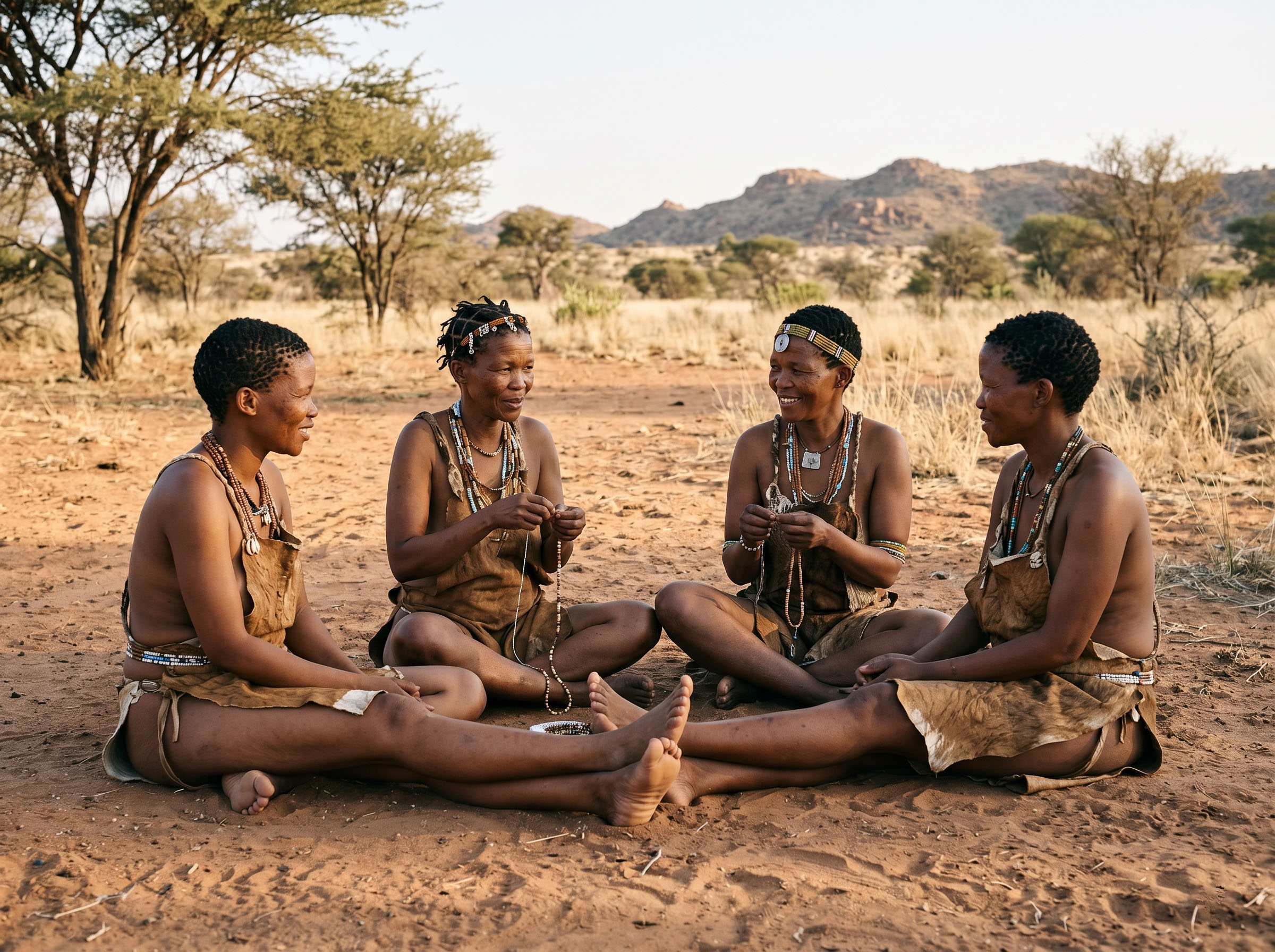 Group of Khoisan women in a village setting representing traditional community knowledge sharing and feminine body tradition in southern Africa