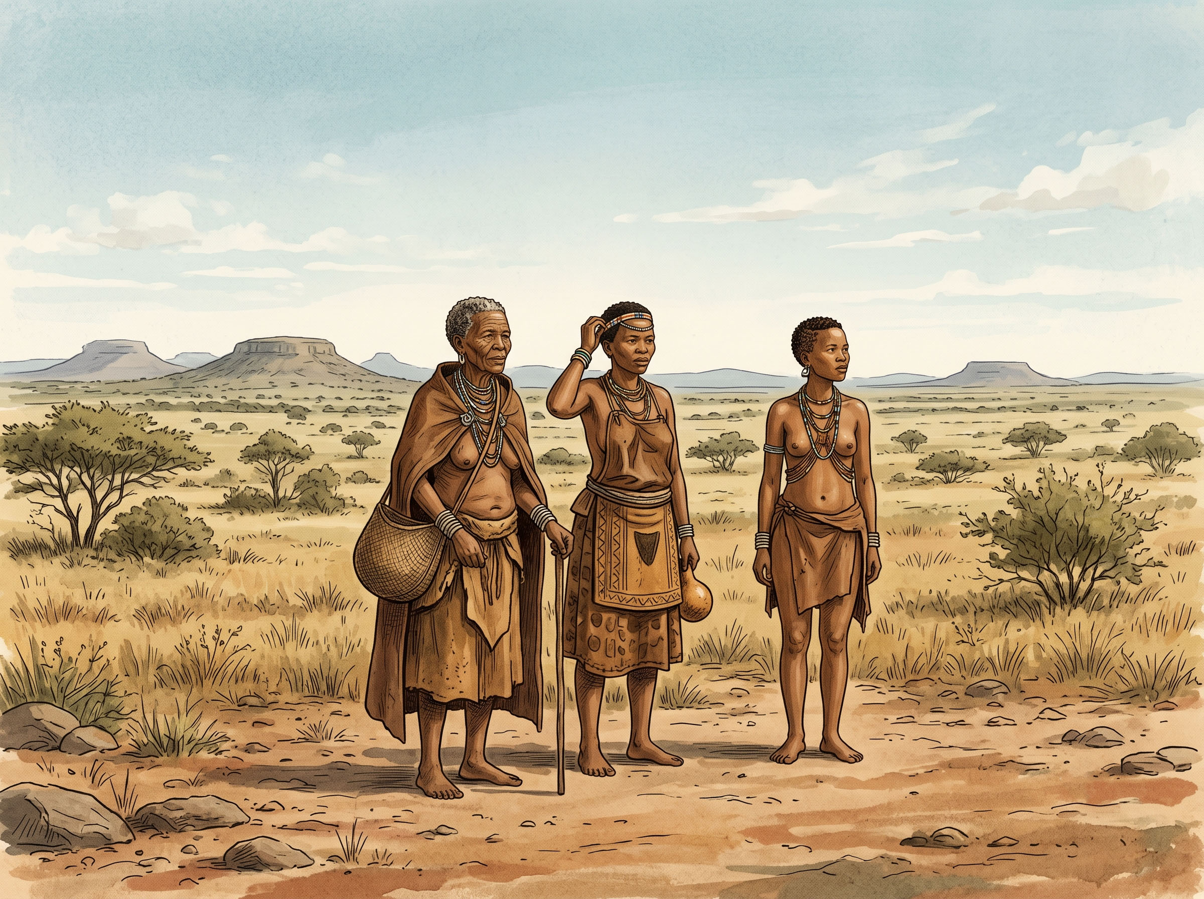 Illustration of Khoisan women in traditional dress in an open southern African landscape, representing centuries of body tradition