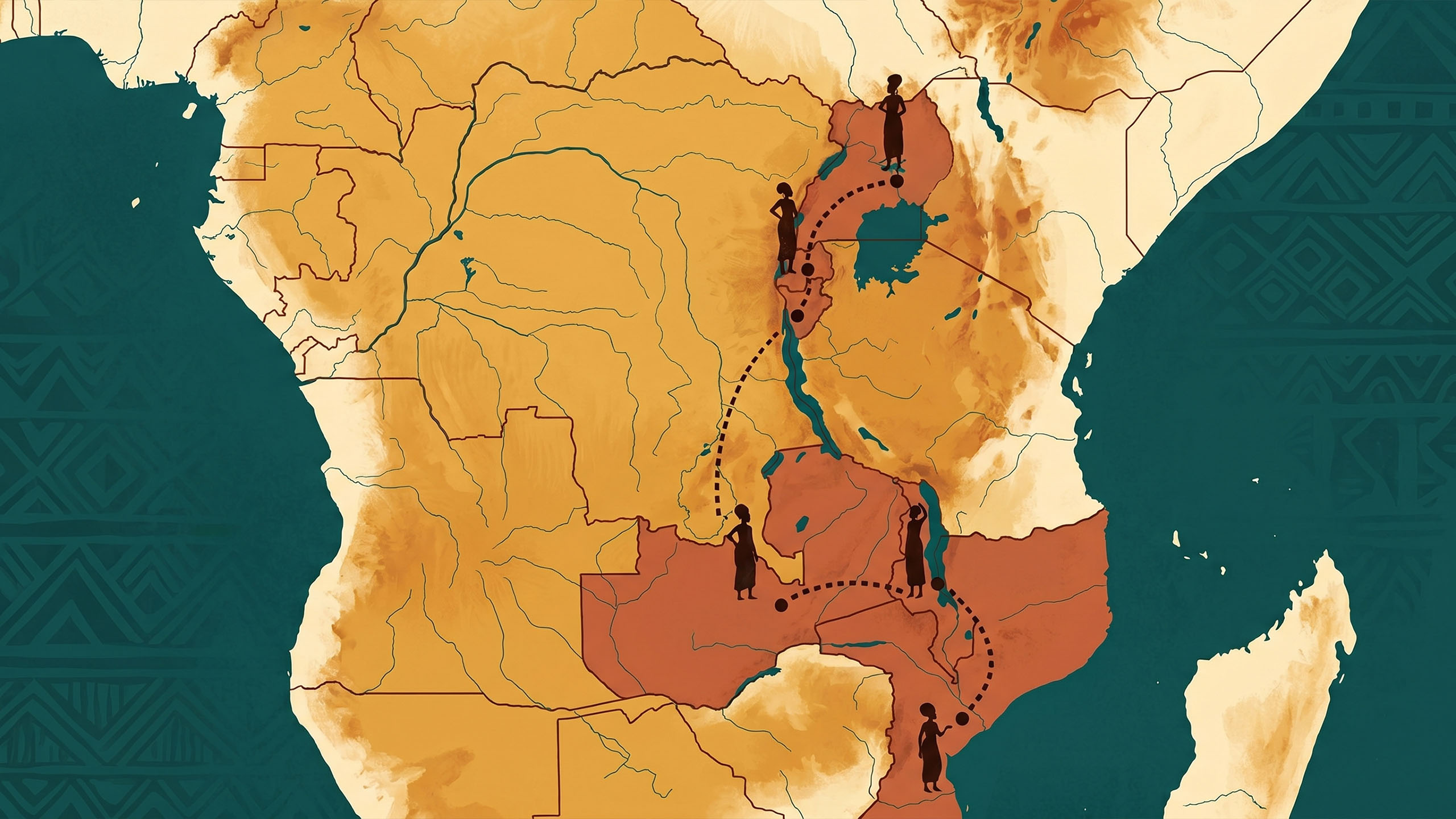 Illustrated map of sub-Saharan Africa showing regions where labia stretching traditions are practiced, including Uganda, Rwanda, Burundi, Zambia, Malawi and Mozambique