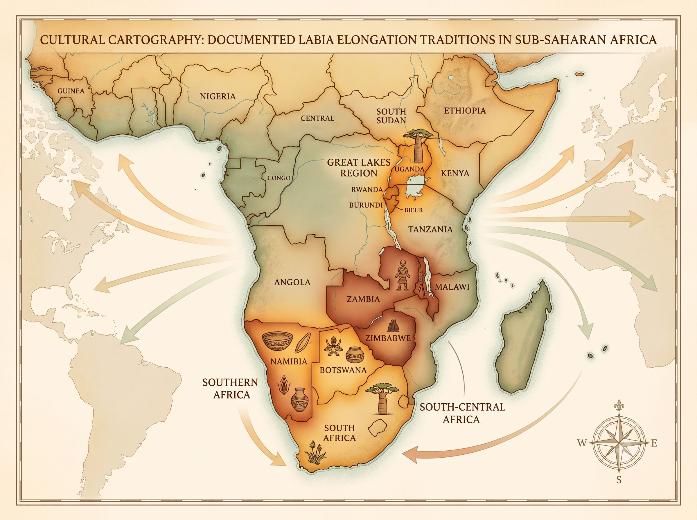 Illustrated map showing the geographic spread of labia elongation traditions across sub-Saharan Africa and emerging modern global interest