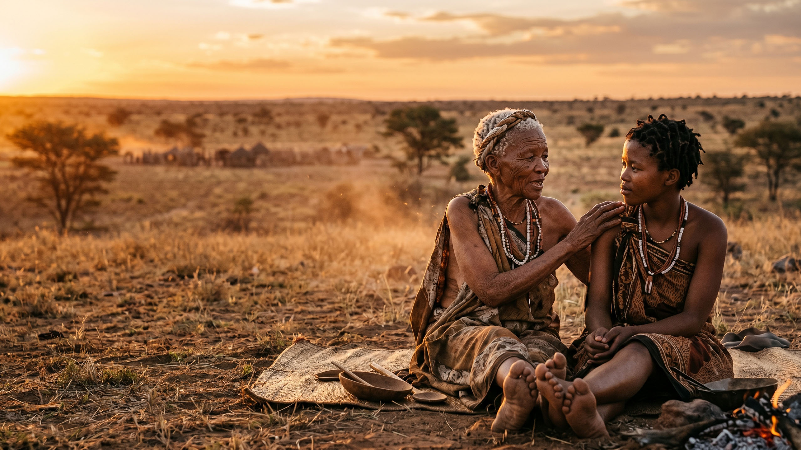 Elder African woman in traditional attire passing knowledge to a younger woman at dusk in a savanna landscape