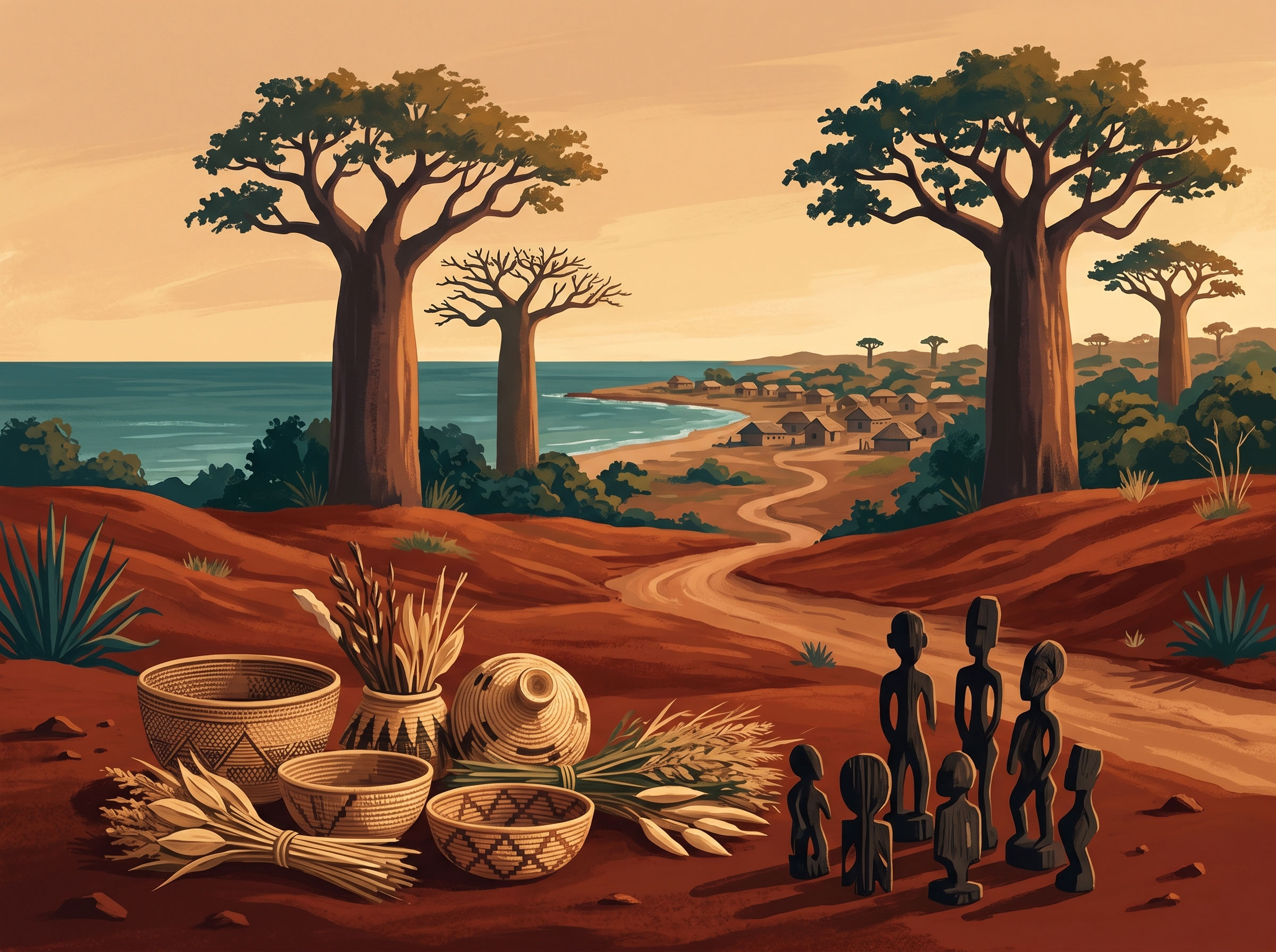 Traditional Makonde ceremonial art and figurative carvings from northern Mozambique, reflecting the cultural context of female initiation traditions including the unyago ceremony