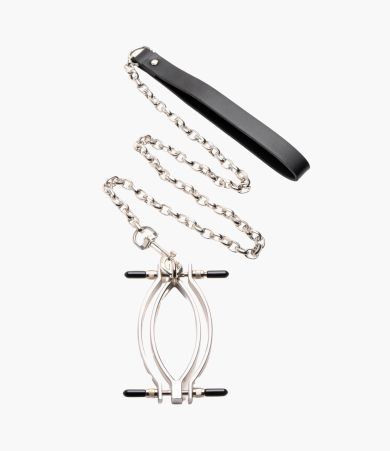 Adjustable Labia Clamp with Leash – Iron Clasp & PU Handle for Sensual Tugging Play